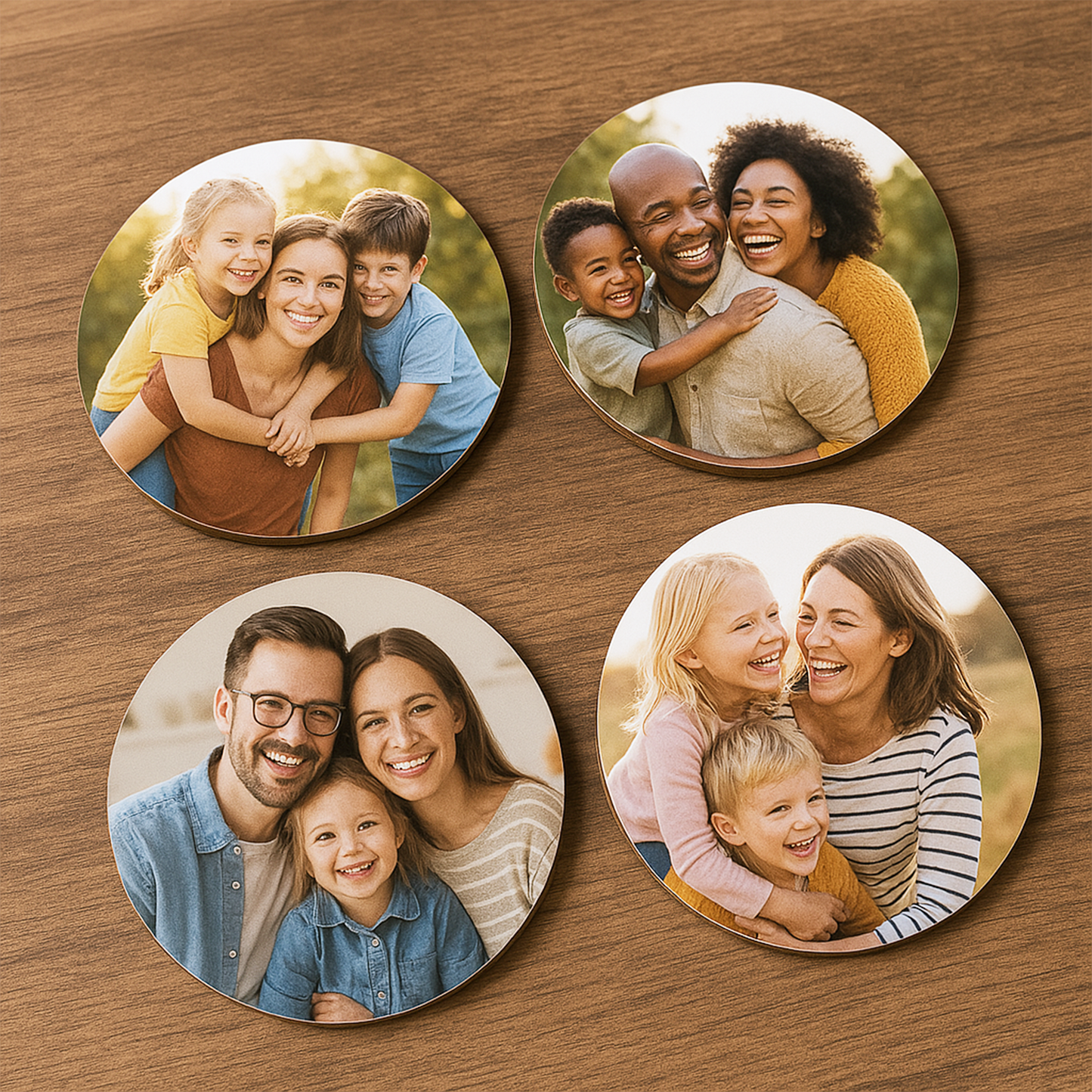 Set of 4 Photo Coasters - Wooden, Round, Gloss