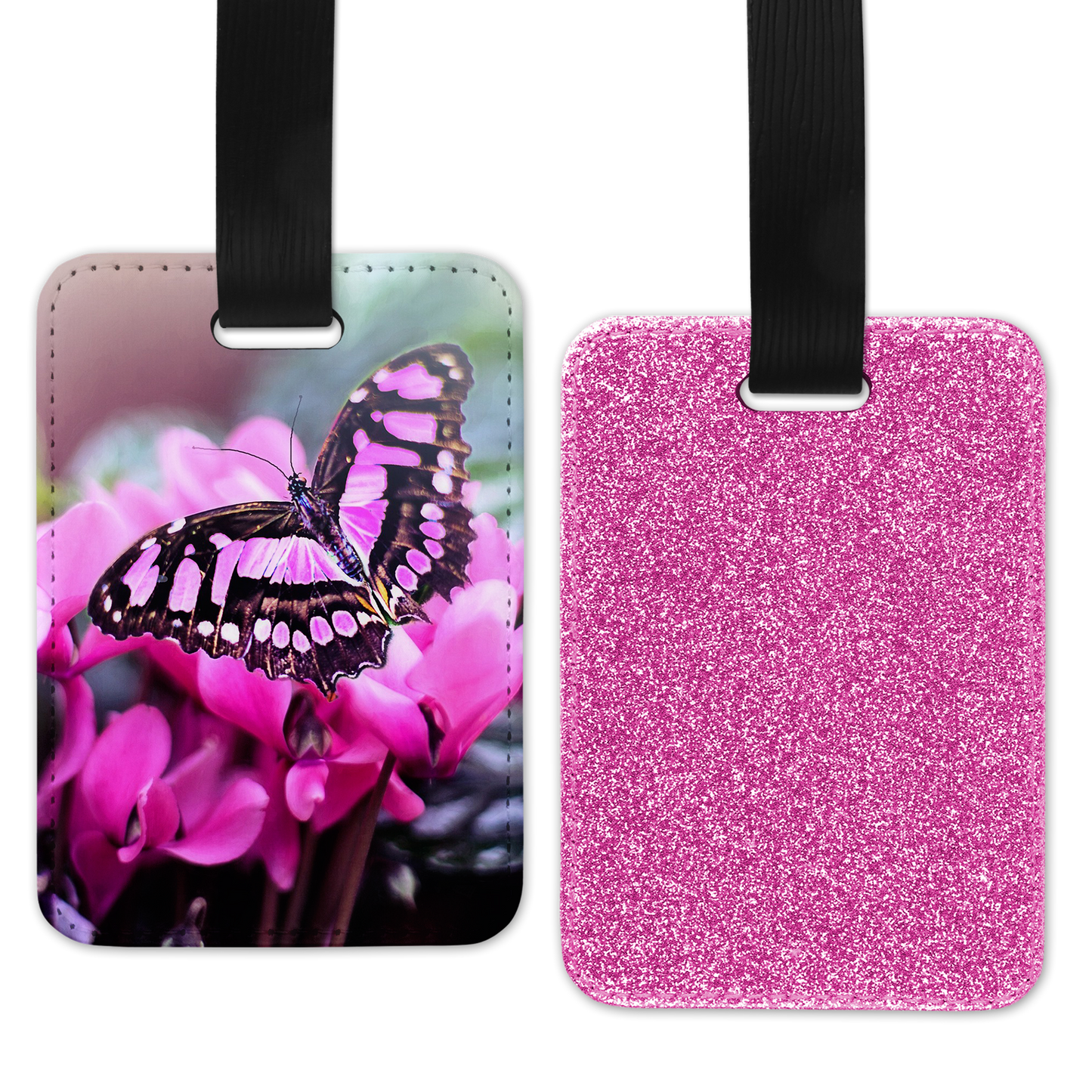 Faux Leather Luggage Tag with Photo, Pink Glitter