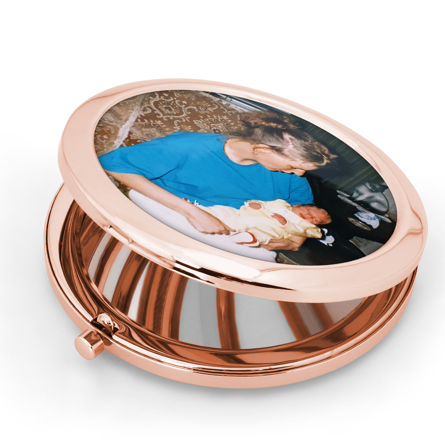 Compact Travel Mirror with Photo, Rose Gold Chrome