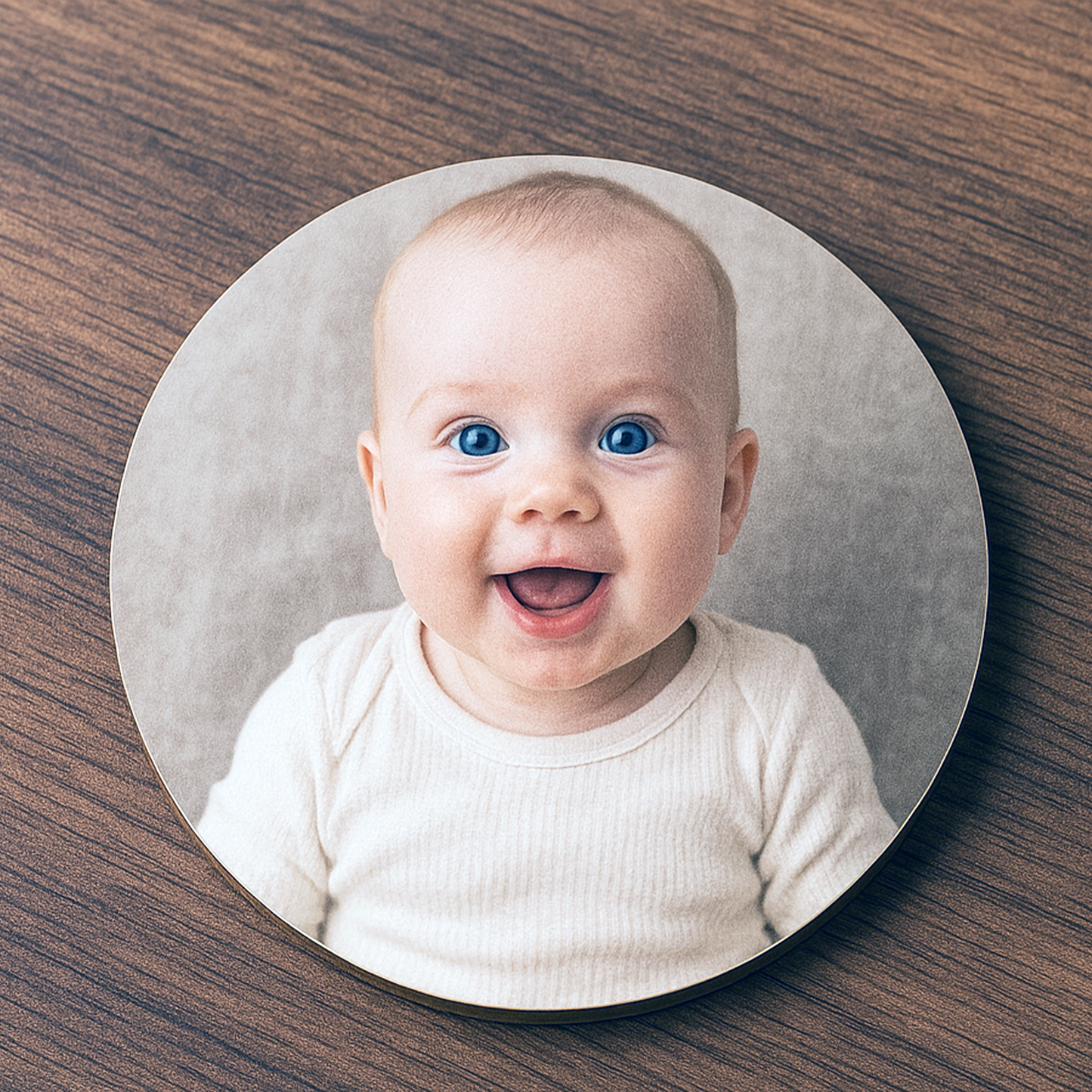 1 Single Photo Drink Coaster - Wooden, Round, Gloss